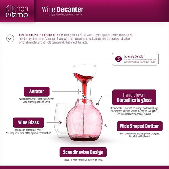 Kitchen Gizmo Wine Decanter, Aerator and Wine Glass Set100% Hand Blown Lead free - Picture 2 of 7